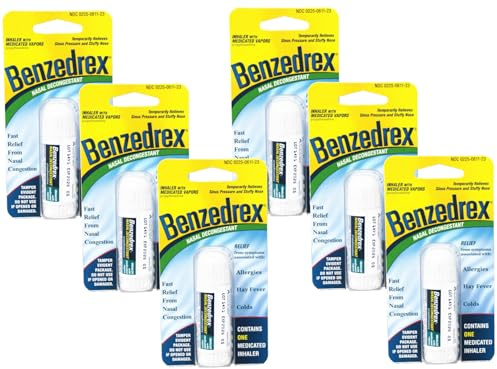 Benzedrex Nasal Decongestant Inhaler – Medicated Vapor Relief for Sinus Pressure, Nasal Congestion, Allergies, Hay Fever & Colds (Pack of 6)