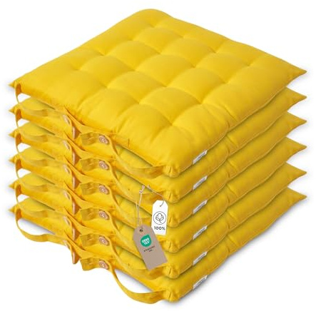 Homescapes 6er Set Stuhlkissen 40x40 cm gelb – Sitzkissen Outdoor/Indoor mit Baumwollbezug, Sitzpolster waschbar und Oeko-TEX-Zertifiziert für Esszimmer-, Küchen- & Gartenstühle
