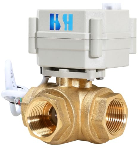 HSH-Flo 3 Way 1/4 3/8 1/2 3/4 1 12V/24VAC/DC 110-240VAC L Type Auto Return Brass Electrical On/Off Motorized Ball Valve (3/4 inch, 12V/24V AC/DC)