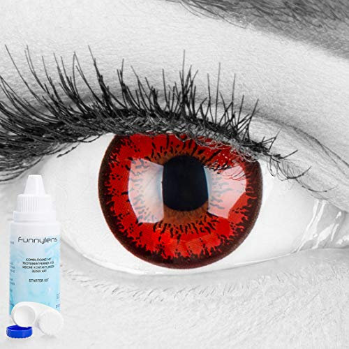 Farbige rote Crazy Fun Kontaktlinsen 'Red Flower' ohne Stärke mit gratis Linsenbehälter + Kombilösung (60ml) - Topqualität zu Karneval, Fasching und Halloween