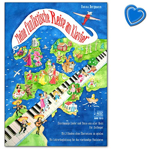 Meine funTastische Reise am Klavier - Einstimmige Lieder und Tänze aus aller Welt für Anfänger - Notenbuch mit bunter herzförmiger Notenklammer