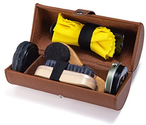 YUET Shoe Polish Kit Cleaning Shine Care Barrel Set For Brown Black Leather With Brush Travel Case Luxury Premium Soft Horsehair Bristle Dauber, Wooden Applicator, Shoehorn, Cloth 7 Piece