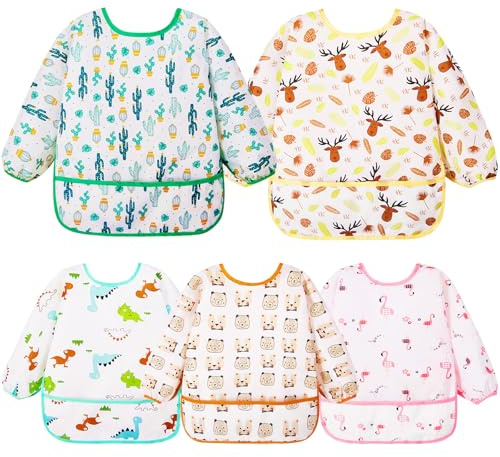 Lictin Long Sleeve Bibs 5 Pack - Baby Bibs for Girl or Boy, 0-24 Months Neutral Baby Smock for Eating, Reusable Infant for Feeding Teething or Weaning