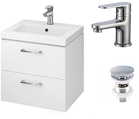 VBChome Waschbecken mit Unterschrank 50 cm mit Armatur und Pop Up ventil 2 Schubladen Weiß Badmöbel weiß Hochglanz Click Clack Badezimmermöbel hängend
