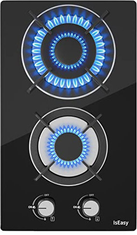 Domino Gaskochfeld, IsEasy Glas Gaskochfeld mit Automatischer Thermoelementschutz, 2 Gaskochfelder Schwarz Glasherd, Erdgas(20mbr)/Propangas(30/50mbr), 3300 W/1000 W, 30cm, 220-240V