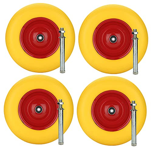 EINFEBEN 4x PU Schubkarrenrad Vollgummi 4.80/4.00-8 Ø 390mm 200 kg inkl.Pannensichere Vollgummireifen mit Achse, Gelb-Rot
