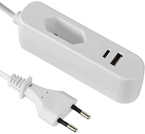 Electraline 62654, Elektrische Verlängerung/Europäischer Reiseadapter (Eurostecker Typ C) / Tragbares Schnellladegerät mit 2 USB 3.4A (1 type A + 1 type C), 1.5M Kabel