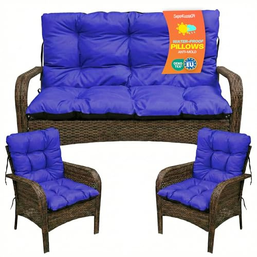 SuperKissen24. Sitzkissen Bankkissen Bankauflage - 100x50 cm und Rückenlehne 100x60 cm mit 2er 48x96 cm Stuhlkissen Set - Outdoor und Indoor - Blau