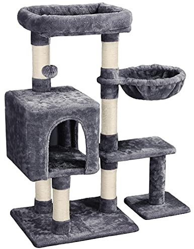 Abician Arbre à Chat, Tour de Jeu avec 6 Poteaux en Sisal, 3 Plateformes, Arbre à Grimper Griffoir en Bois avec Niche Hauteur 96cm, Gris Foncé