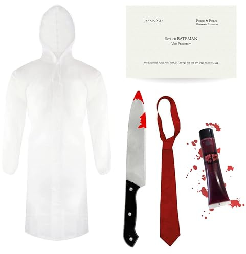 Psycho-Kostüm für Erwachsene – transparenter Regenmantel, Krawatte, falsches Messer, Visitenkarte und Kunstblut – Herren-Kostüm aus amerikanischem TV-Film, Halloween-Kostüm