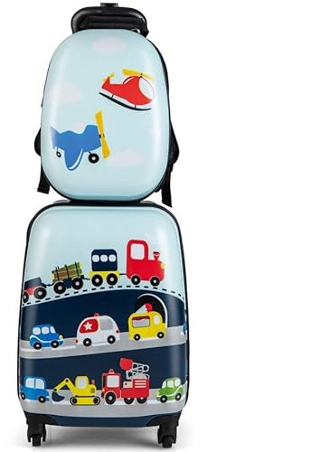 Maxmass 2PCS Kids Luggage Set, 12 & 16 Hard Shell Children Trolley Case with 4 Universal Wheels, Girls Boys Suitcase and Backpack Set for Travel (Sky Blue, Car)