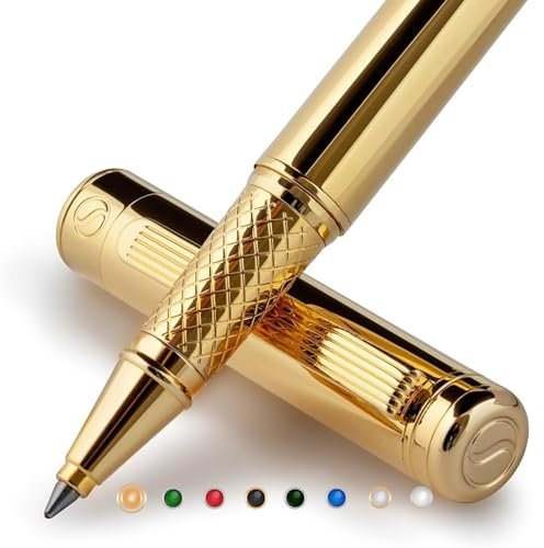 Scriveiner Tintenroller Hochwertiger Tintenroller mit Echtvergoldung, schwarze Schmidt Ersatzmine, Geschenkbox, Büro set, Schöne Professionelle (Gold)