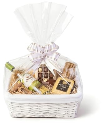 H-LINE SMALL Make Create Your Own Gift Hamper Kit - White Wicker Storage Basket Cellophane Wood Shred Bow Set - Ideal for Christmas Easter Christening Wedding Baby Shower or Birthday Gift