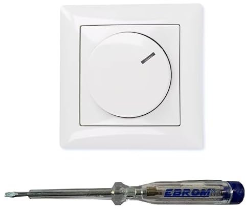 Busch Jäger 6523U-102 LED-Drehdimmer LED-Dimmer mit Dimmerscheibe Zentralplatte 2115-914 und Einfachrahmen in Balance Si alpinweiß glänzend inklusive EBROM Phasenprüfer zur Montage des Dimmers