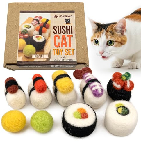 Woolbuddy Sushi Cat Toy Set – Wool Felt Interactive Toys for Indoor Cats & Kittens, Catnip-Free, Durable, Cute Enrichment Toys for Bored Cats, Natural Wool Dental & Hunting Play (Small – 9 Pcs)