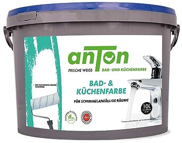 Anton Bad- und Küchenfarbe | Frische Weiss | Spezialfarbe | Direkt auf Schimmel mit Sofortwirkung & Vorbeugung | deckt beim ersten Anstrich (10 Liter 70-80m2)