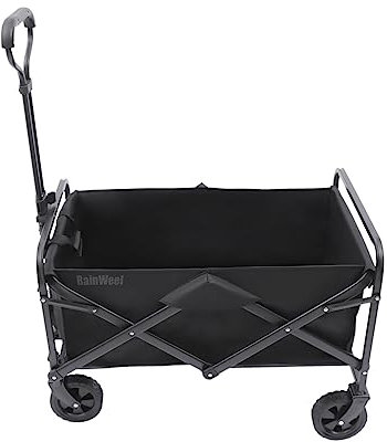 Bollerwagen Faltbar Strandwagen, Schwarz Handwagen Transportwagen Klappbar Gartenwagen mit 2 Mesh Cup Holder und Gummiräder Verstellbarer Handgriff Belastbarkeit 80KG