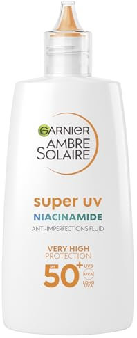 Garnier Fluido Viso Anti Imperfezioni, Uso Quotidiano, Protezione Solare Molto Alta SPF 50+, Effetto Invisibile, Con Niacinamide, Dermatologicamente Provato, Super UV, Ambre Solaire, 40 ml