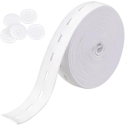 Bande élastique pour couture, cordon élastique de 1,9 cm avec boutonnières, bandes tricotées haute élasticité pour pantalon avec 5 boutons blancs de 18 mm, fournitures de bricolage (blanc, 5 m)
