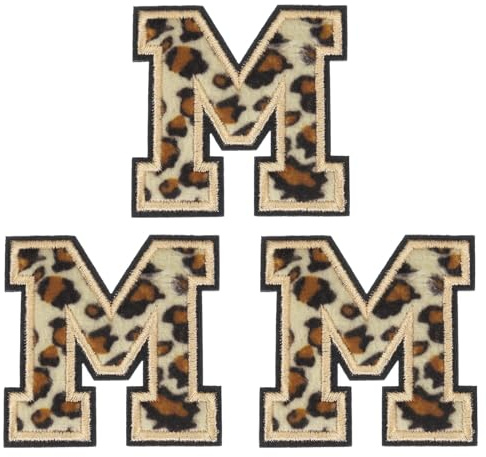 QUARKZMAN 3 Stück Buchstaben zum Aufbügeln, 6 cm Leopard Selbstklebende Chenille Buchstaben M mit schwarzem Rand,Gestickter Patch zum Aufbügeln für Kleidung, Tasche, Laptop, Handyhülle