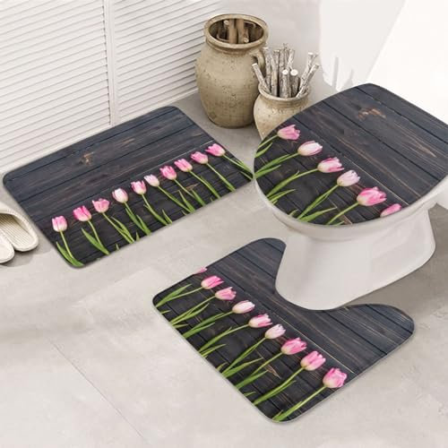 rutschfeste 3 Badteppich Set Frisch Gepflückte Blume rutschfeste Fußmatte Set Waschbar Weiche Badgarnitur Badematten, Für Badezimmer, Wc-Sitz Bezug