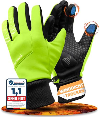 MIVELO Übergangshandschuhe für mittlere bis kühle Temperaturen I Fahrradhandschuhe Herren & Damen - Wasserabweisend & mit Ergo-Pad I Touchscreen fähig I Winddichte Handschuhe (Gelb, L)