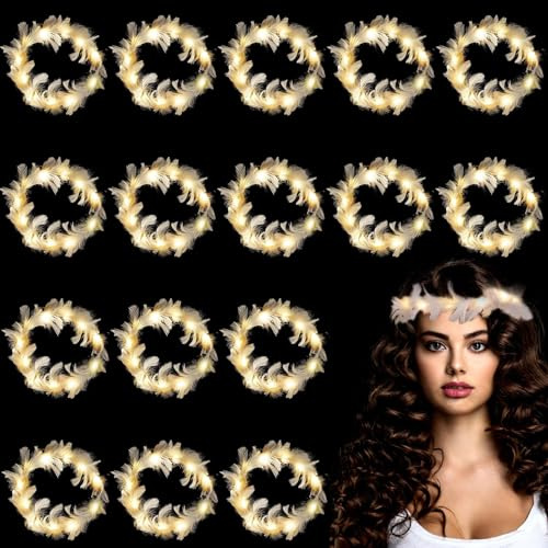HuaMuDM 16 pcs Diademas Plumas LED Iluminadas,Pluma LED Diadema Mujeres | Regalos Creativos,Halloween,Navidad,año nuevo,Fiestas,Carnavales