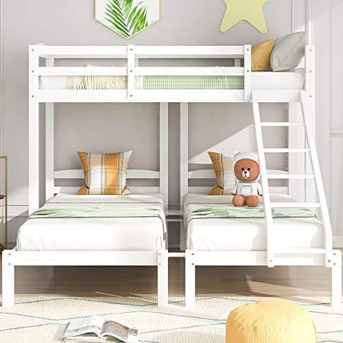 Ctastay Kinderbett Etagenbett 90x200 cm für 3 Kinder, Bett Hochbett mit Rausfallschutz & Leiter, Familienbett Gastbett mit Lattenrost, Weiß (Ohne Matratze)