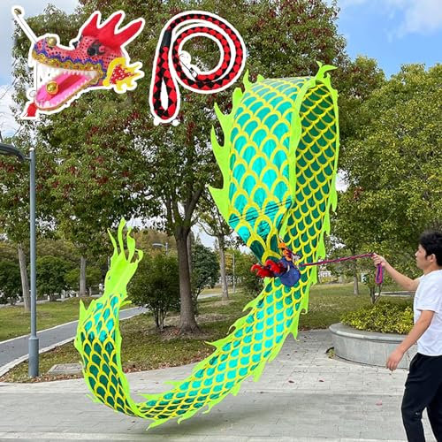 Dance Ribbon with Scale ＆ Head - Flinging Dragon Streamer for Outdoor Juggling - Flowy Silk Dragon for Park/Yard/Beach - Fun and Unique Dance Prop