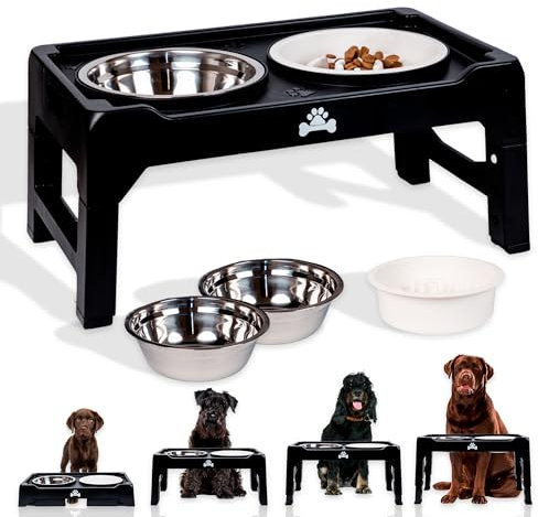 ALEDAVI Comedero Perro Elevado de 4 Alturas Ajustables, 2X Cuencos para Perros de Acero Inoxidable, 1x Comedero Perro Antivoracidad. Comederos para Perros Elevado Grande y Mediano. Bebedero