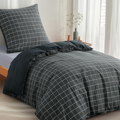 RUIKASI Bettwäsche 155x220 Baumwolle 2teilig Anthrazit - Baumwollbettwäsche 155 x 250 2tlg mit Gitter Muster, Bettbezug Set 2 teilig Cotton mit Reißverschluss