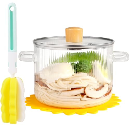 Clear Glass Cooking Pot With Lid and Brush on Stove - 1.8L(61oz) Borosilicate Simmer Pot With Cover - Cookware Stovetop Set for Pasta, Noodle, Soup, Milk