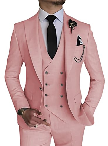 Elegant 3-delad herrkostym dubbelknäppt bröllopsbalset 1 spänne väst byxor formellt set, Rosa färg, M