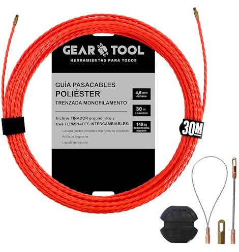GearTool - Guía Pasacables Profesional de 30m y 4.5 mm | Monofilamento Trenzado de Poliéster | Tirador Ergonómico y 3 Terminales Intercambiables | Herramienta para Electricistas y Bricolaje