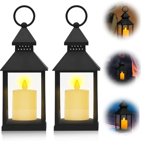 WIYETY Laternen für Draußen mit LED Kerze: 2 Stück Kerzenlaterne aus Glas, Vintage Design und Flammeneffekt, Gartenlaterne für Draußen, Säulenkerzenhalter, Halloween, Weihnachtstag, Kerzenhalter, Frie