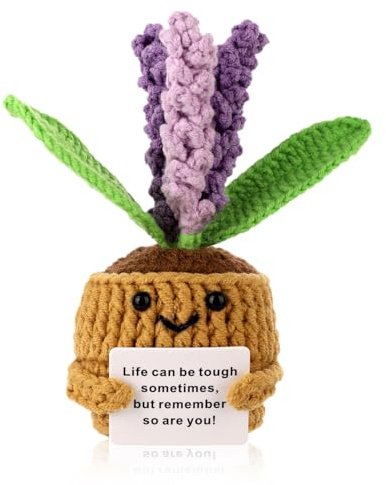 TOYMIS Positive Lavender Crochet Potted Plants, 5.5 Inch Creative Knitted Potted Plant Cute Lavender Doll with Card Crochet Lavender Flowers Emotional Support Gift for Friend Home Office Desk Decor