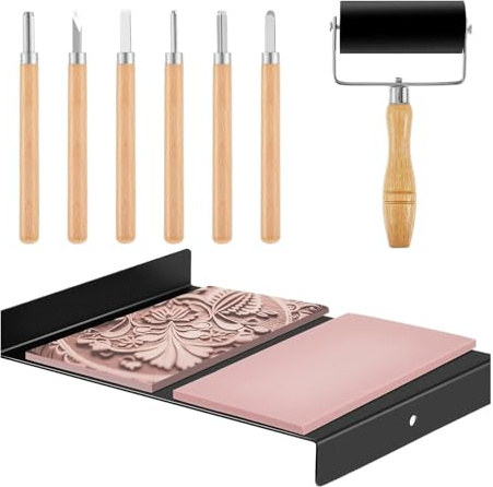 Kit per stampa Linocut, strumenti per intaglio e stampa xilografica, rullo di inchiostro facile da usare con taglierine dettagliate, strumenti ergonomici per intaglio per principianti, appassionati di