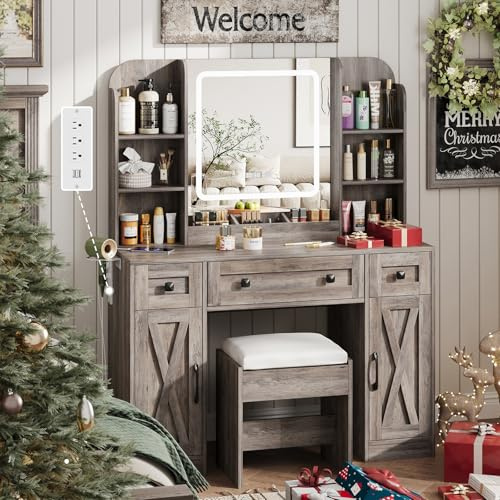 Vabches Makeup Vanity Desk, Vanity Mirror with Lights Desk and Chair,Makeup Table with 3 Large Drawers and 2 Cabinets, Time and Temperature Display, 3 LED Lighting Modes Adjustable, Grey