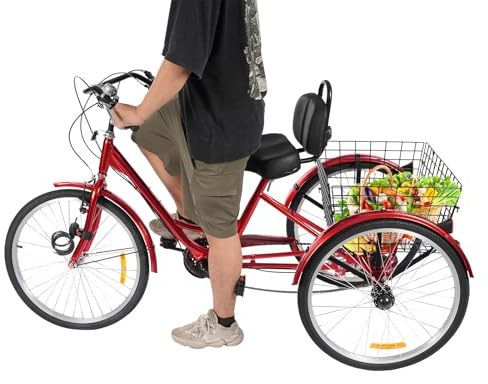 Steeviuzj 24 Zoll Dreirad für Erwachsene, 7-Gang Erwachsene 3 Rad Fahrrad verstellbares Dreirad mit Einkaufskorb für Outdoor Aktivitäten Shopping