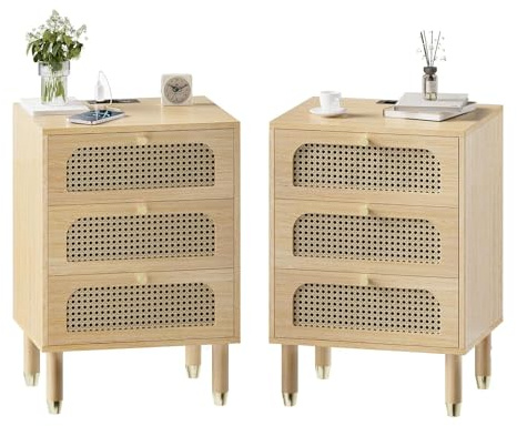 LEADZM Table de Chevet en Rotin Lot de 2 avec Multiprise Tables d'appoint 3 tiroirs,Meuble de Nuit, Commode de Nuit avec 2 Prises CA, 2 Ports USB, pour Salon, Chambre, Bureau (2, Chêne)