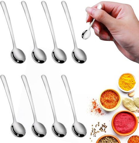 ExcellaElite 8 PCS Tiny Stainless Steel Spoons for Spice Jars, Cute Little Condiment Spoons, Mini Small Spice Spoon for Spices, Salt, Fun Little Scoops