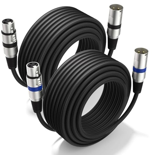 Heams Professional 2 Pack 100FT XLR Cables, Noise Free and Long-lasting Braided XLR Microphone Cable, All Copper Conductors Balanced Male to Female Mic Cable for Studio Monitor, Mixer, DMX, Blue+Black