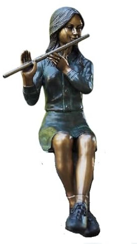 Bronze-Skulptur Mächen | Kantenhocker | mit Einer Flöte | 28x34x66cm | Mädchenfigur aus Bronze | handgefertigt
