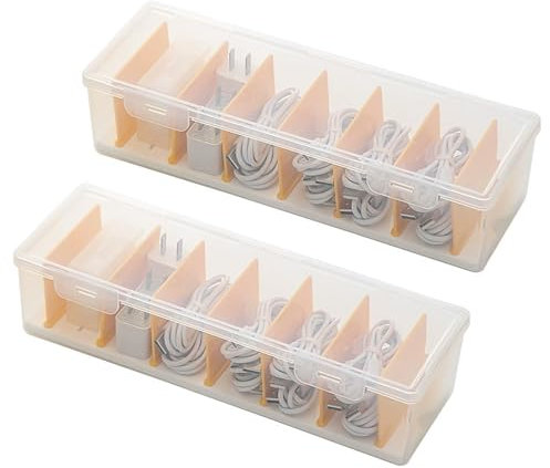 Cable Management Box with Lid, 2 Pcs Data Cable Tidy Case with 7 Compartments, Plastic Storage Box for Charger Organiser, Cord Organiser Case for Office, Home Charger Storage(COLOR:clear)