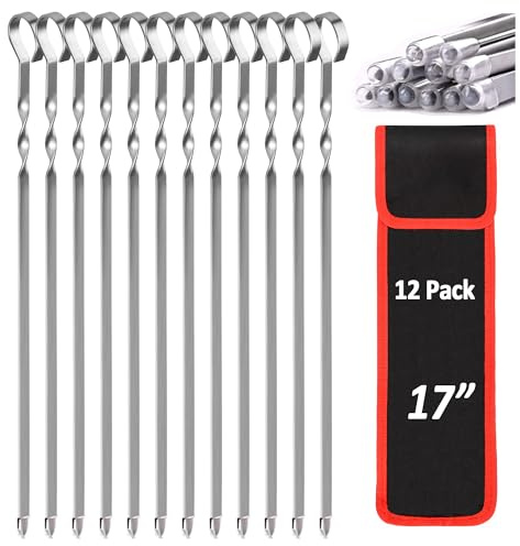 【12-Pack Full-Length】17 Stainless Steel Skewers for Grilling – Heavy Duty, No Bend, No Spin | Dishwasher Safe & Lifetime-Reusable (Try Risk-Free Today) (Hard Holder)