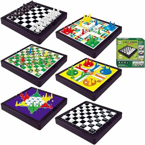 Saijer Snakes and Ladders, 6 in 1 Reisespiele Magnetic Spiel Mini Schach Spielesammlung Kinder Reisespiele Magnetisch Tragbar Multifunktional Schlangenschach Flugschach Faltbar Brettspiele