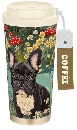 Vasos de café de viaje con tapas, taza de café de acero inoxidable para llevar para bebidas frías y calientes, 481.9 g, a prueba de fugas, dibujos animados, bulldog francés, perros, un río