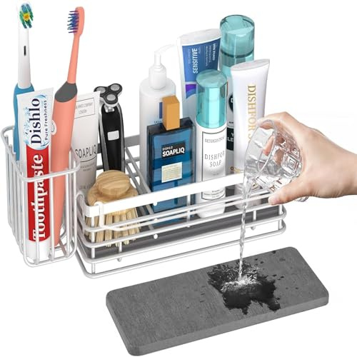 FunMacchi Kitchen Sink Caddy Organizer mit Drying Stone – Spülbecken Organizer, Spülschwammhalter & Bürstenhalter, Küchen Sink Organizer aus Diatomeenerde, Abtropfhalter für Spüle & Bad(Weiß)