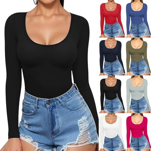 KODMNSW Langarmshirt Damen Tiefer Rundhalsausschnitt Top Elegante Oberteile Langarm T-Shirts Slim Stretch Einfarbig Bluse Basic Longsleeve Tshirts Skinny Tops Pullover Bluse Schwarz S