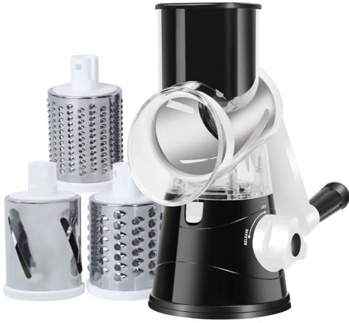Rallador giratorio de queso y cortador de verduras con 3 cuchillas intercambiables, triturador de alimentos para frutas y frutos secos